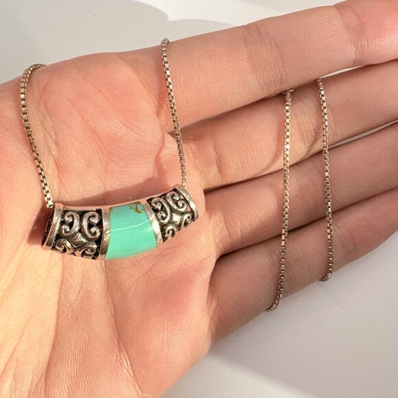 VTG Sterling Silver 925 Turquoise Scroll Slide Pendant Necklace Size 18" Length - Picture 6 of 13